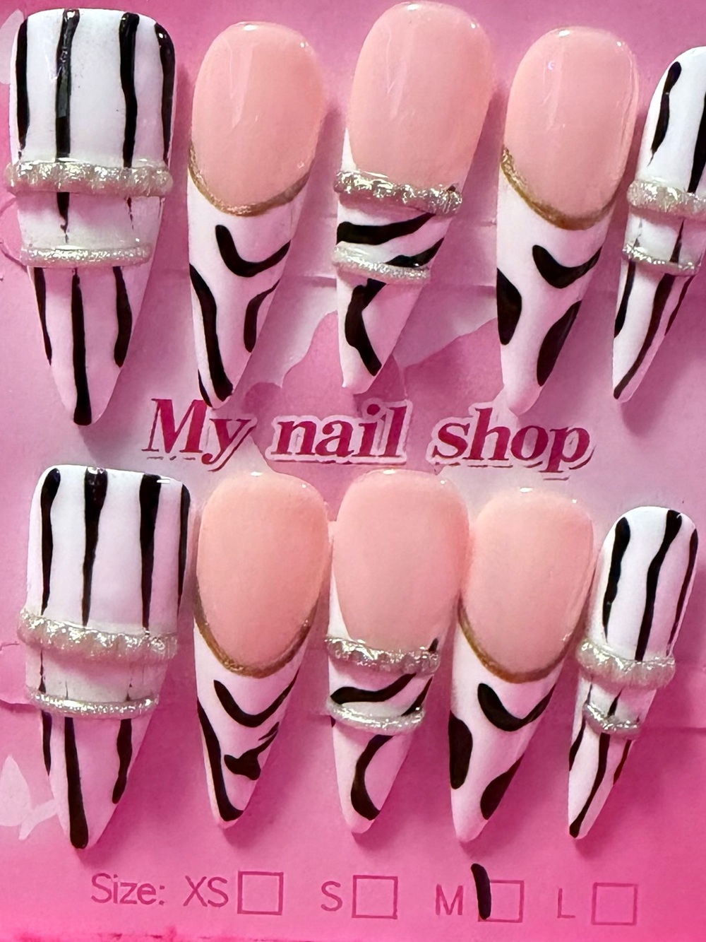 My Nail Shop Pink & White Zebra-Accent Press-On Nail Set